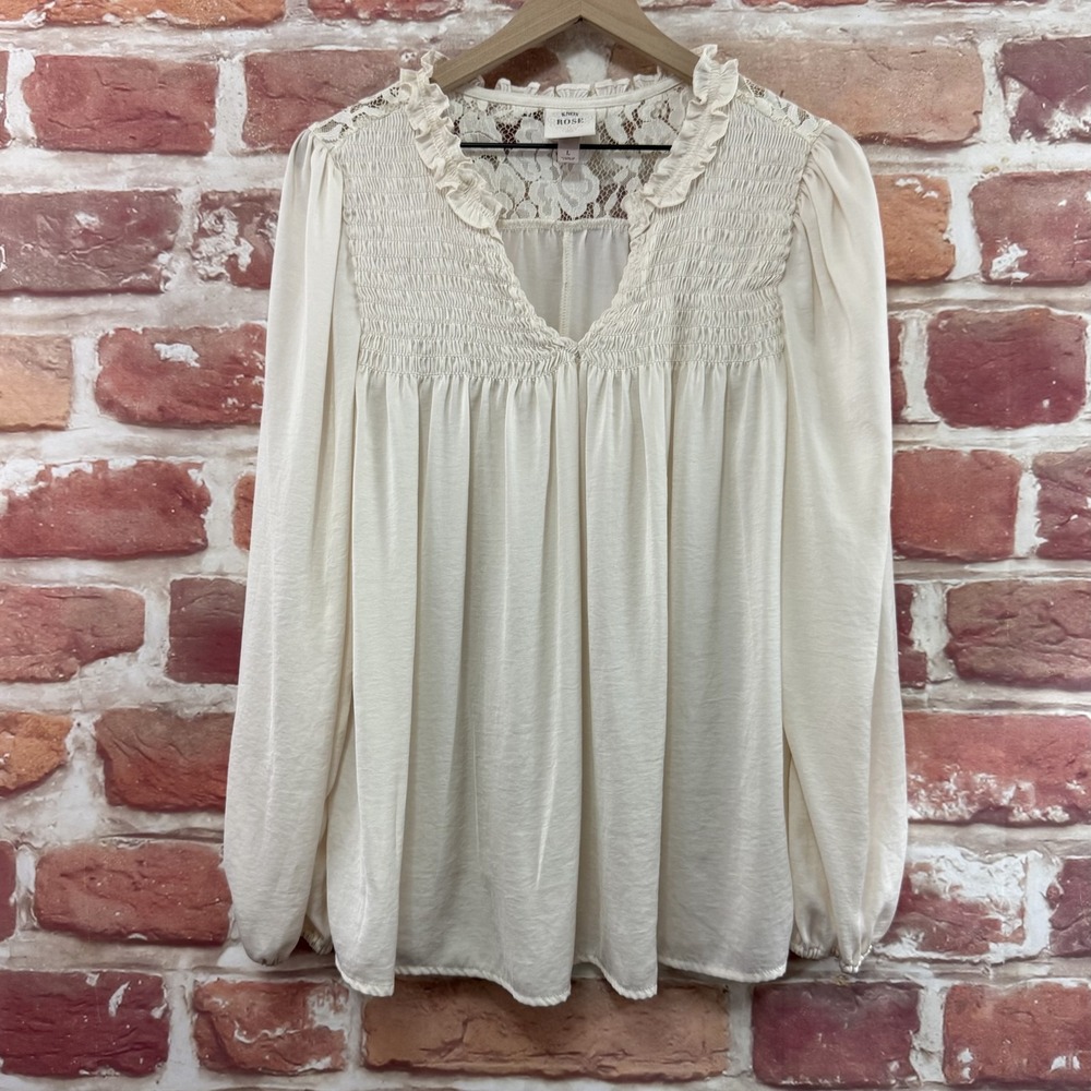 Knox Rose Top Women's Large Cream Chic Feminine Romantic Floral Lace Yoke Shirt